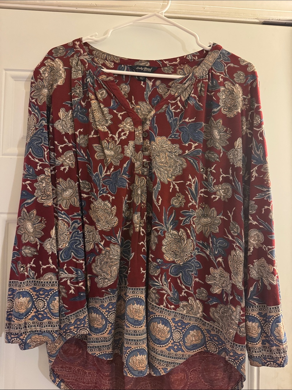 Lucky Brand Floral Paisley Print Boho Henley Blouse
